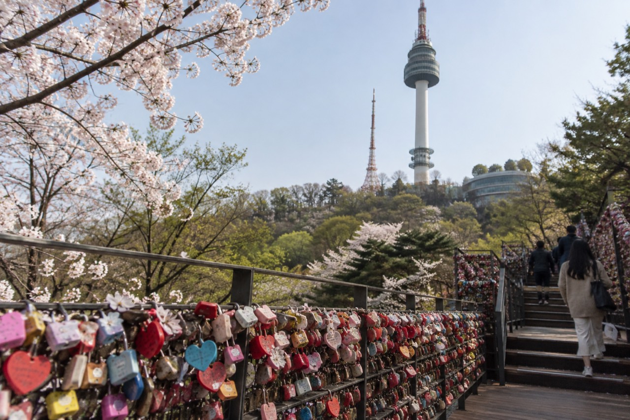Rows of padlocks attached to wire fences on a hillside terrace below a tall tower