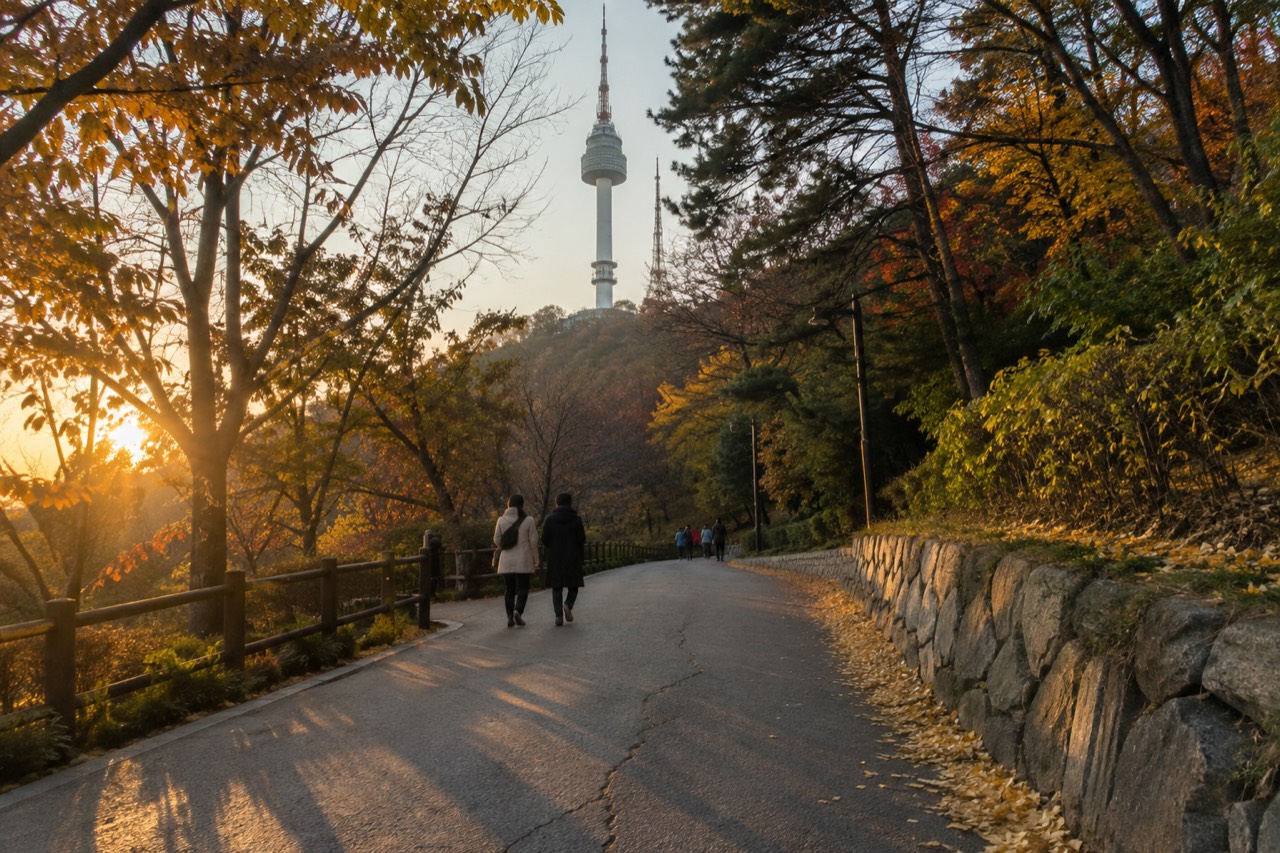 A paved path winding down a wooded hillside with N Seoul Tower visible through the trees in late afternoon light