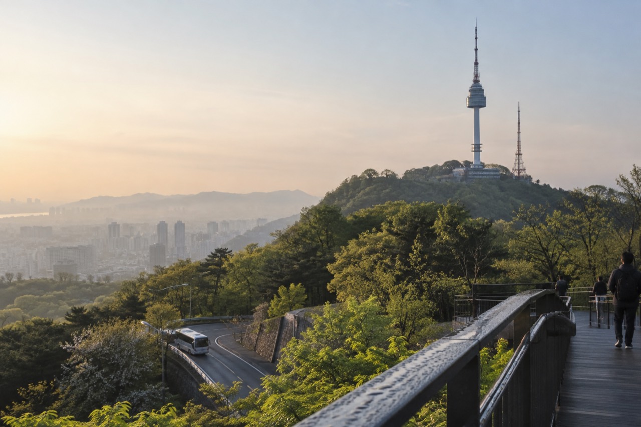 N Seoul Tower standing above Namsan Park with the Seoul skyline spreading out below it