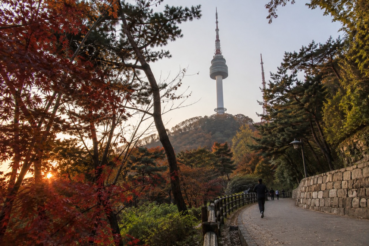 View across Namsan Park toward N Seoul Tower on the summit above central Seoul