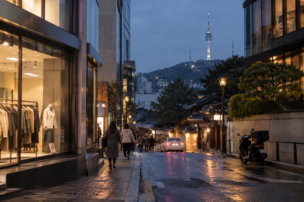 Narrow shopping street in Myeongdong with the N Seoul Tower visible above the rooftops at dusk