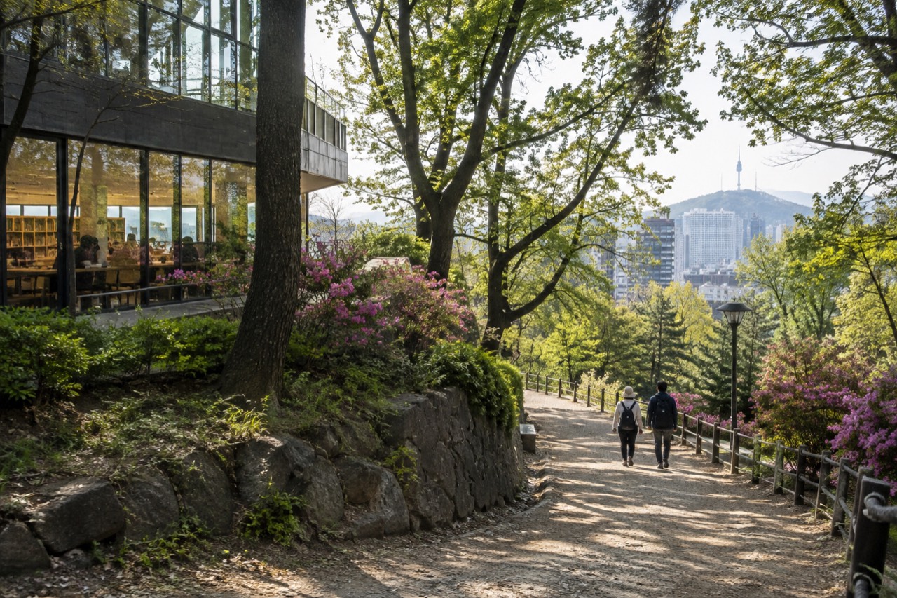 Forest path on Namsan with the Seoul skyline visible beyond the trees