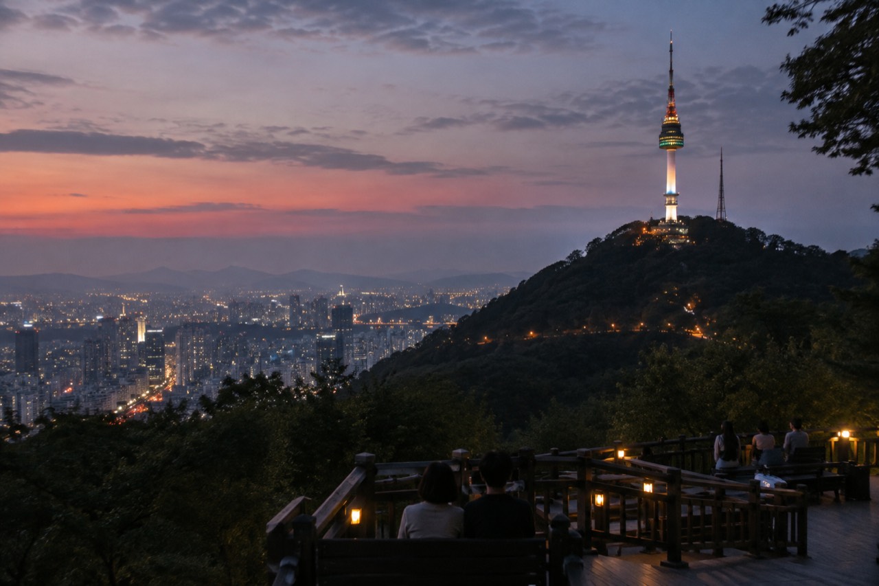 Seoul skyline at dusk with a lit landmark tower rising over wooded hills