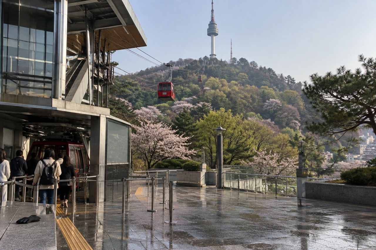 Red cable car cabins travelling up the forested slope of Namsan toward N Seoul Tower in Seoul