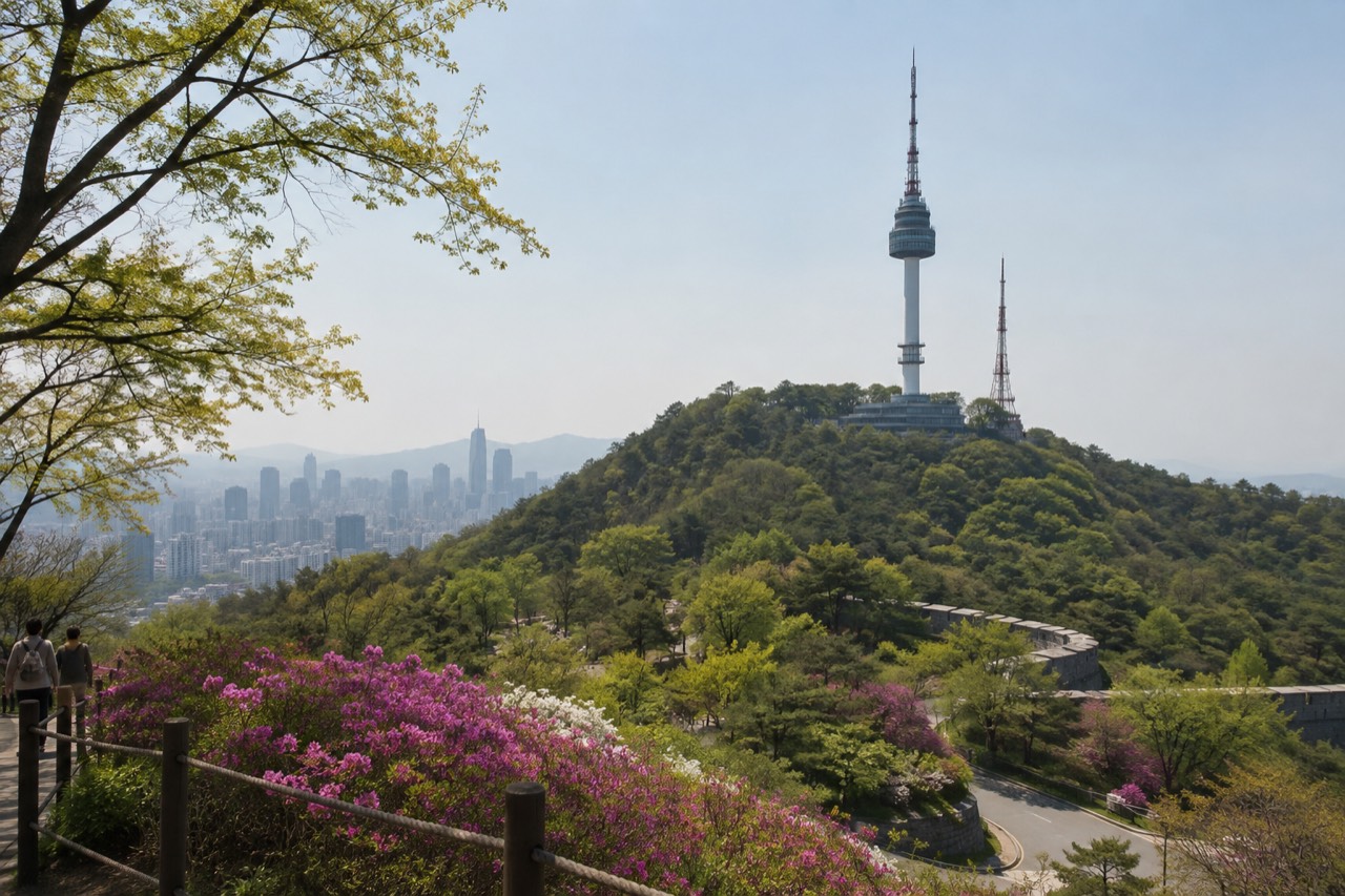 N Seoul Tower rising above the tree-covered slopes of Namsan above the Seoul skyline