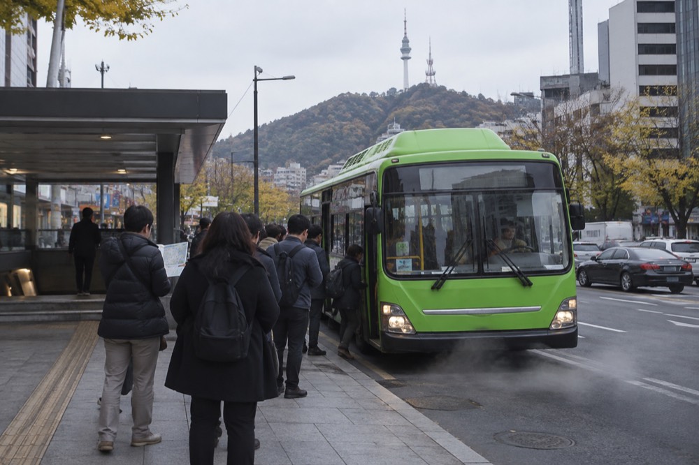 A queue of passengers boarding a green bus at a stop near a wooded hilltop