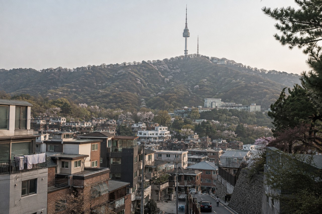 Wooded hillside rising above city rooftops with a tall tower on the summit under a pale sky