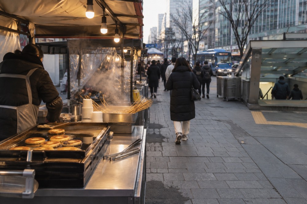 Stall fronts with steam rising over pans of street food at a Seoul market