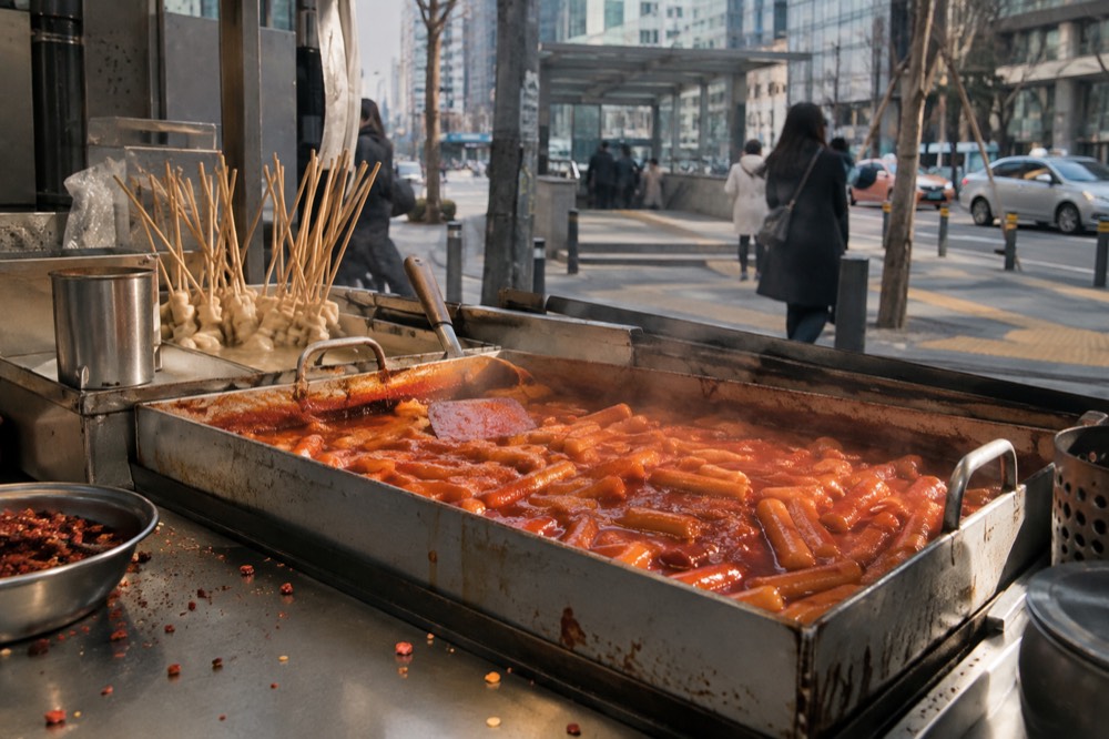 Rice cakes in red chilli sauce in a hot pan with wooden skewers