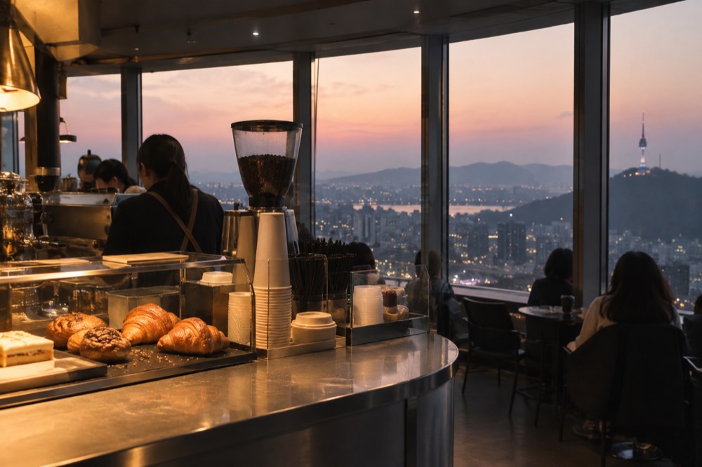 A cafe counter with coffee cups and pastries lit by evening light