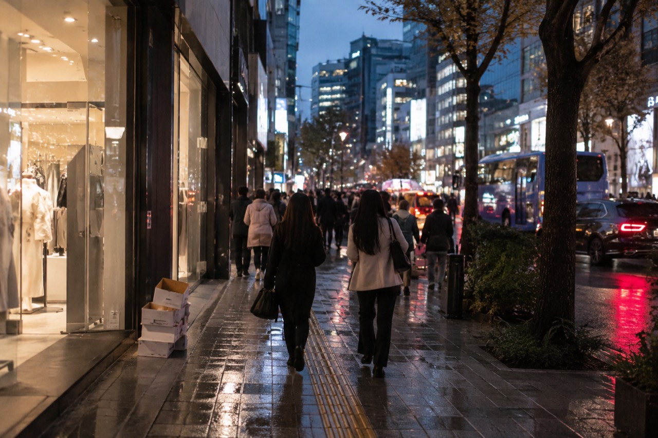 A busy shopping street in Myeongdong lined with illuminated storefront signs at dusk