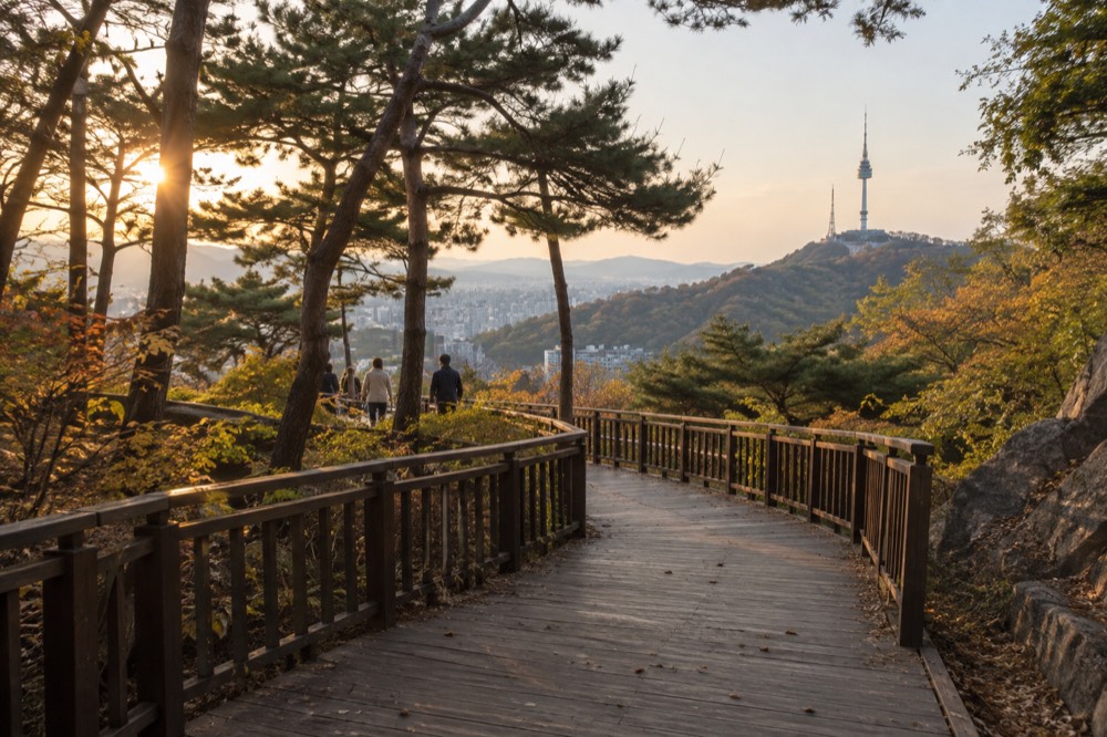 The Namsan Sky Forest Trail, a timber deck path curving through forest toward an open viewpoint