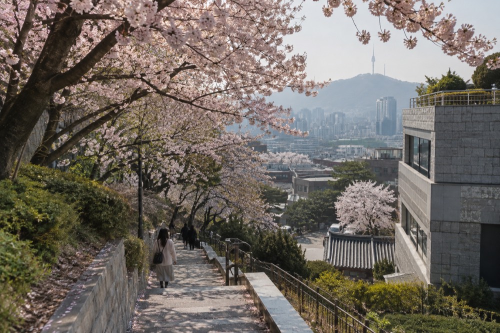 Cherry blossom branches framing a view over Seoul rooftops