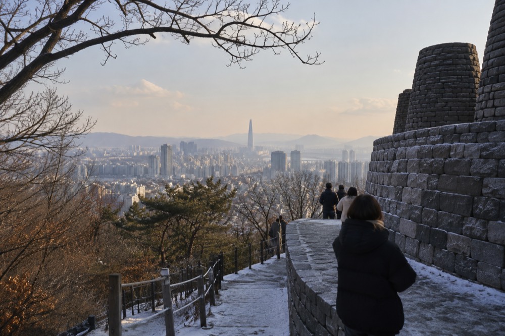 Wooded hillside path leading toward a tower on the summit above the city