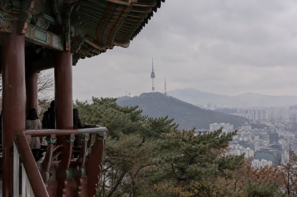 A communications tower rising above a wooded mountain summit at the edge of a dense city skyline
