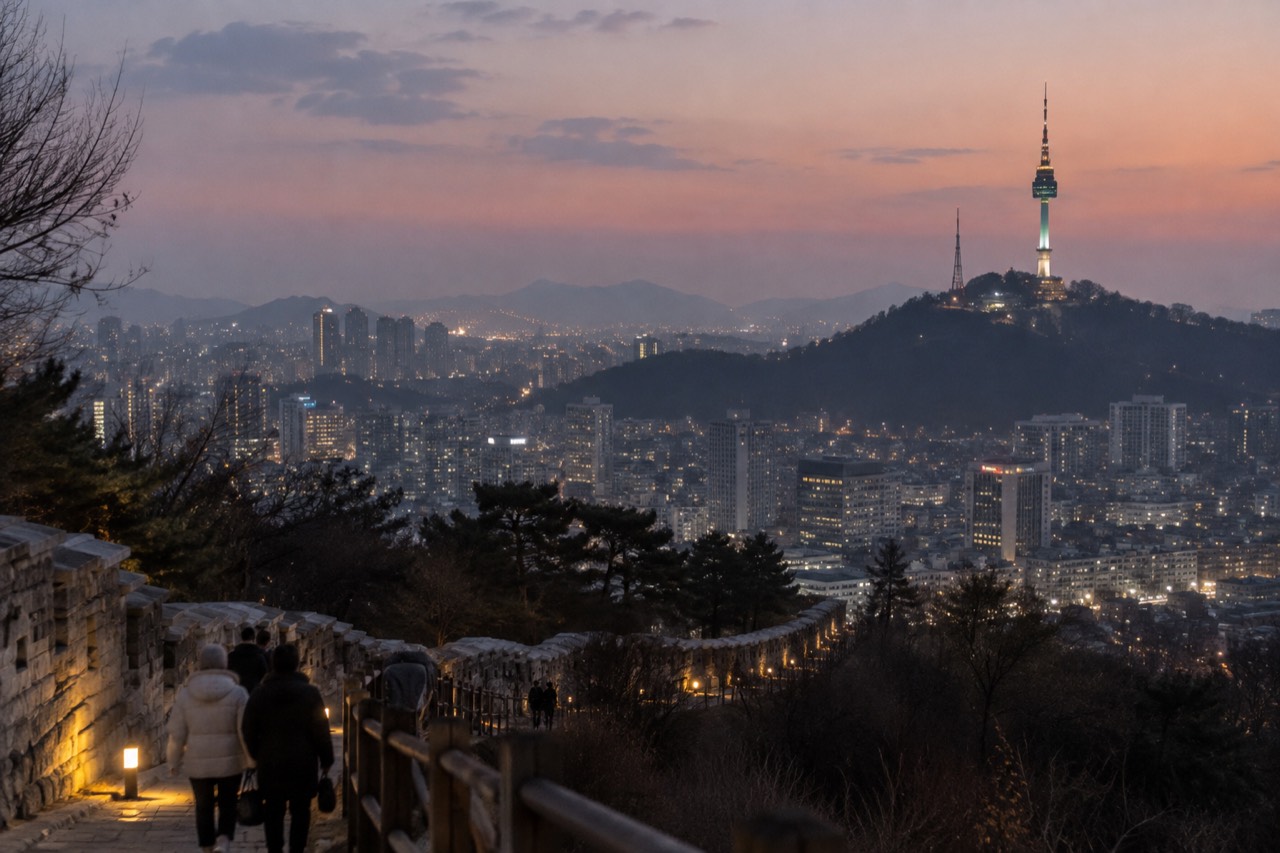 Seoul skyline at dusk with a lit communications tower standing on a forested mountain above the city
