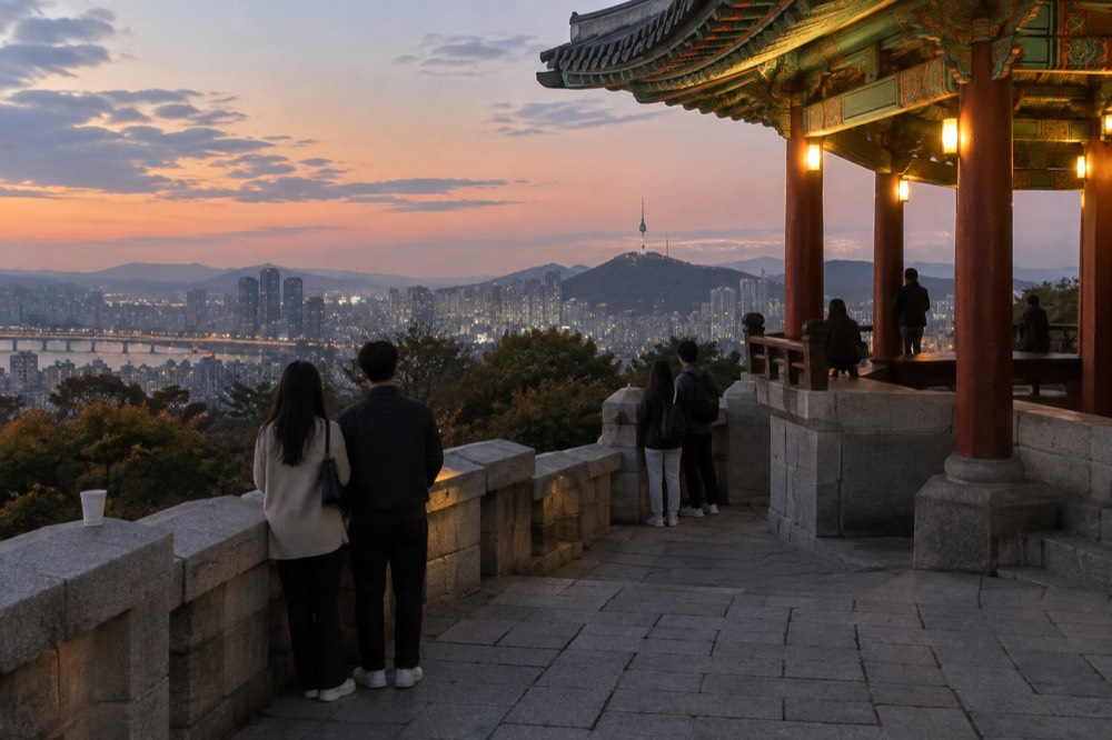 Visitors on a summit terrace looking out over the Seoul skyline at dusk