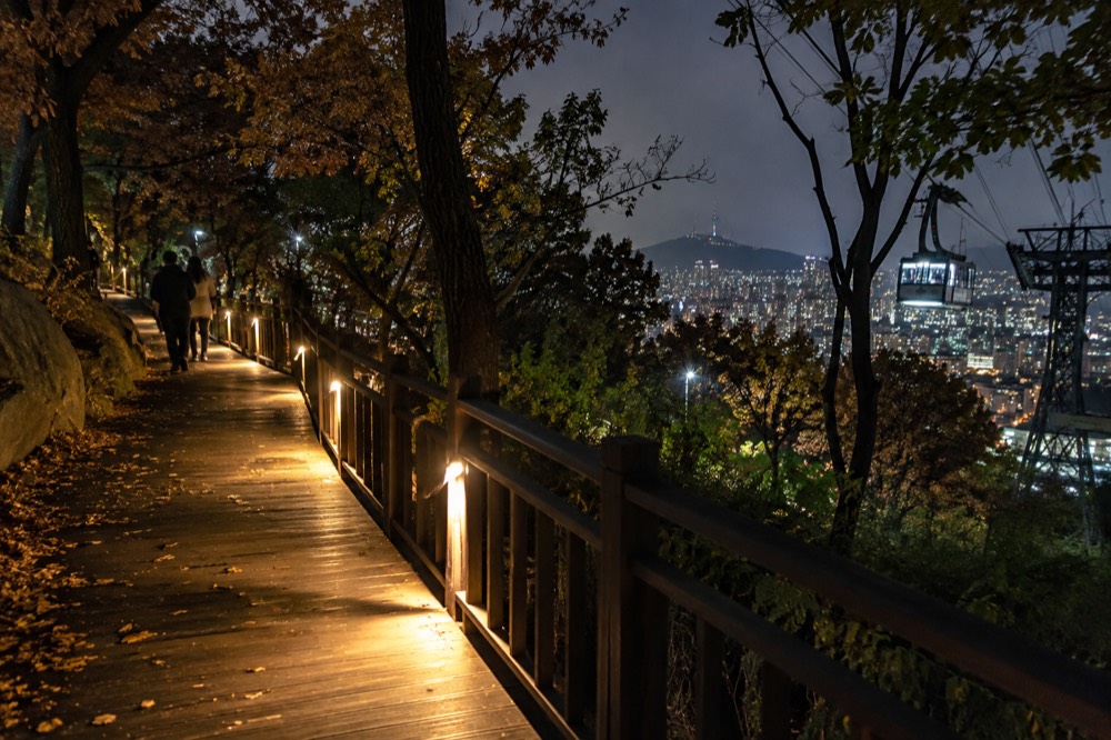 A lit timber deck trail winding through night forest on Namsan, with the city glowing beyond the trees