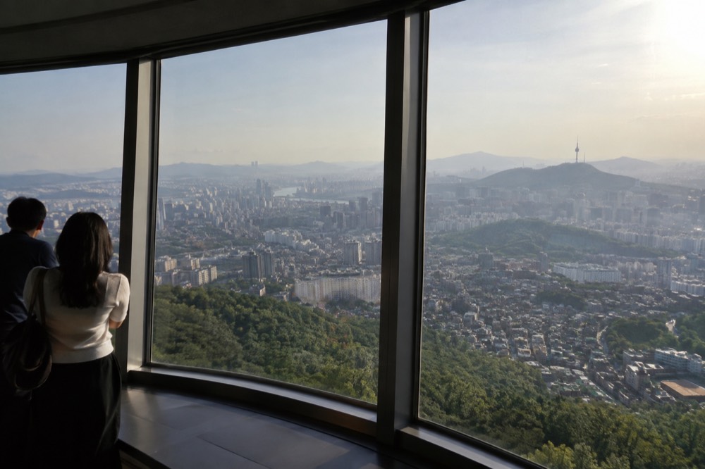 Curved glass observation windows looking out over dense Seoul rooftops and distant mountains