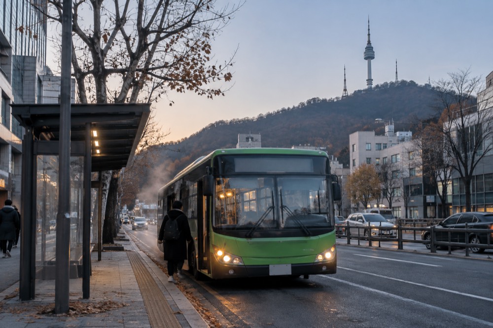 A green Namsan circular shuttle bus at the stop near the tower with the summit plaza behind