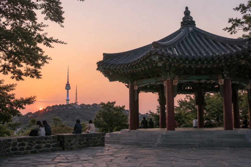Summit plaza at Namsan with the tower rising above terraces and walkways