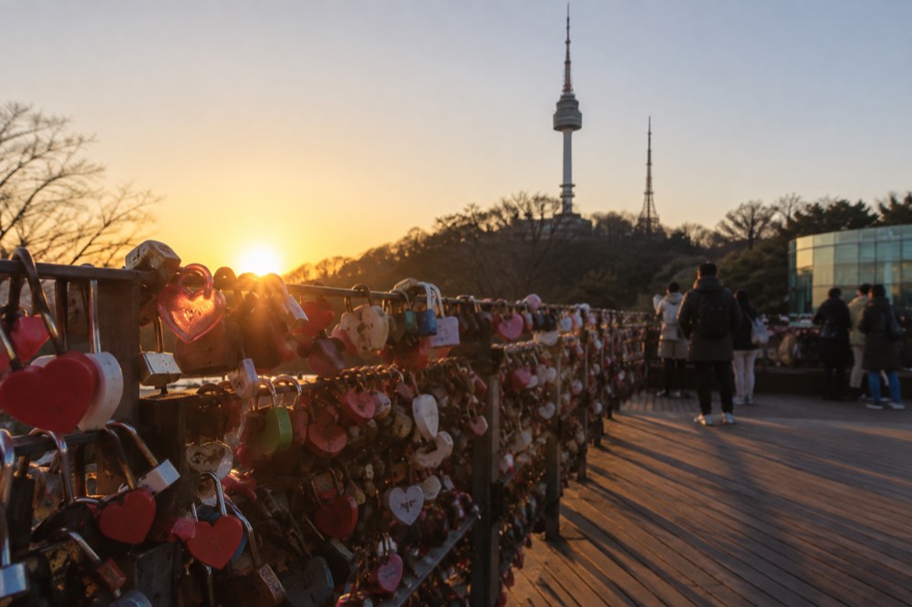 Railings of padlocks on the summit terrace with the tower behind