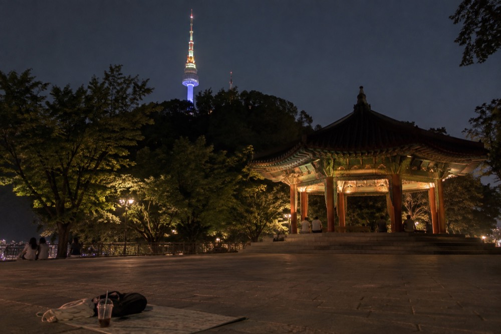 Illuminated tower above dark trees seen from the pavilion area at night