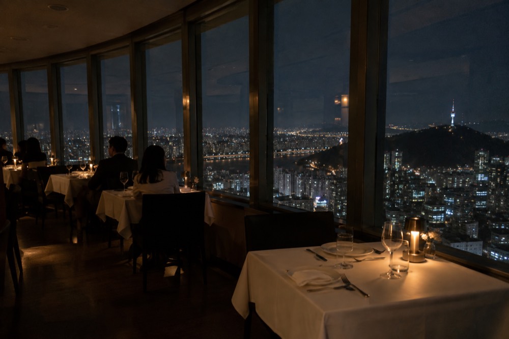A formal dining room with white tablecloths and city lights visible through tall windows