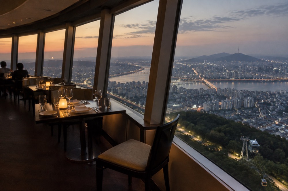 Rotating restaurant floor inside the tower with tables set beside panoramic windows