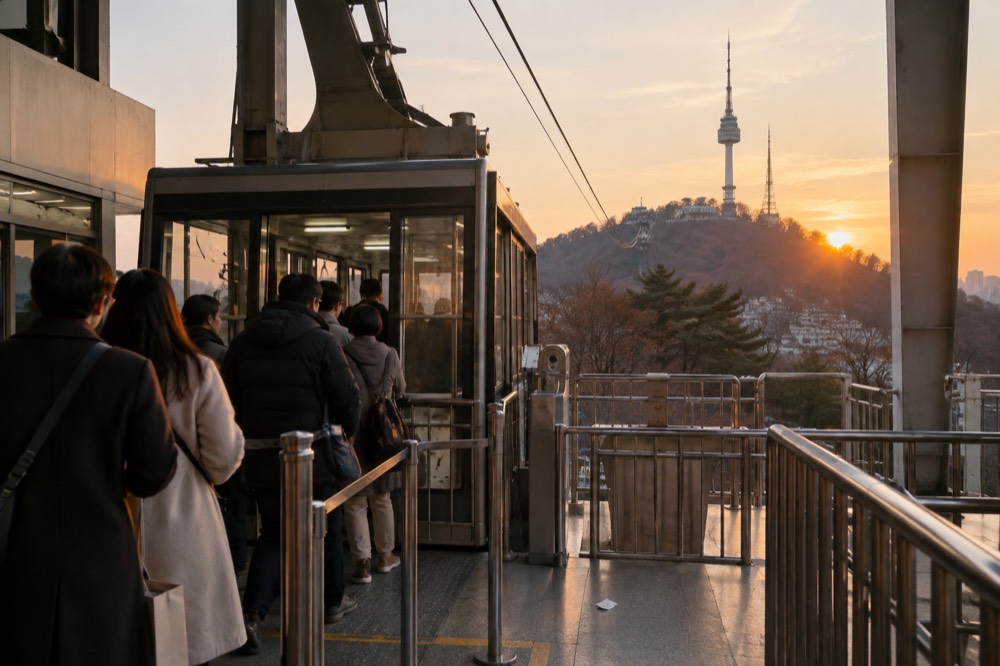 Visitors waiting on the cable car boarding platform as evening light falls over Seoul