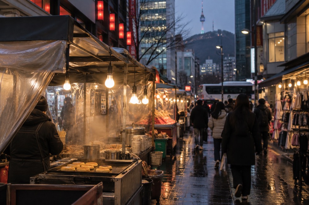 Narrow shopping street lined with food stalls and illuminated signs