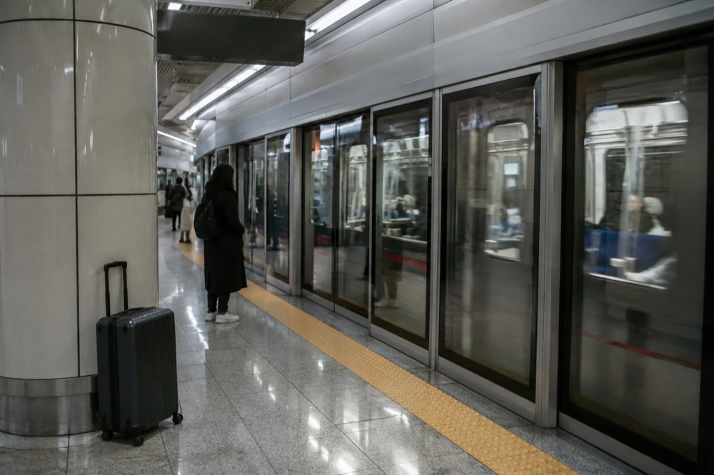 Modern subway platform with a train arriving and platform screen doors