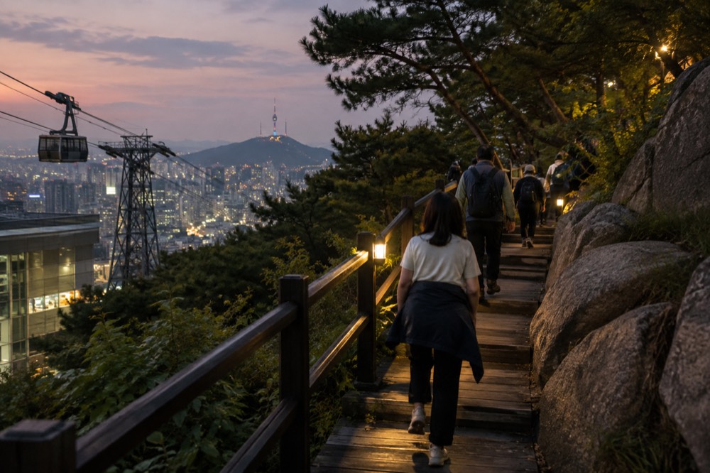 Group of walkers with a guide on a lit hillside path above a glowing city at dusk