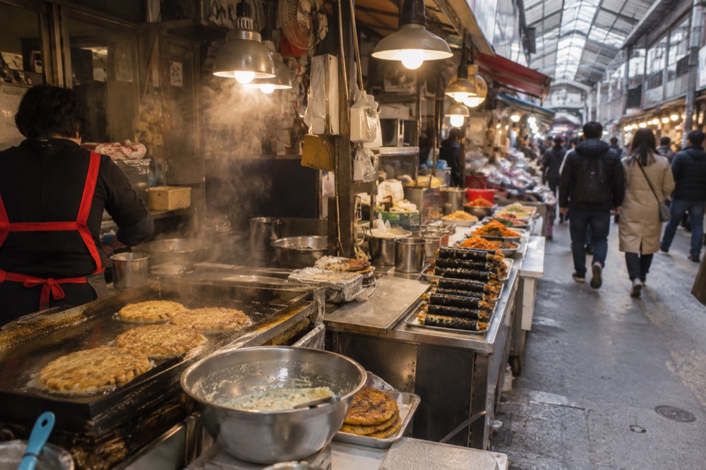 Busy covered market alley with food stalls and hanging lanterns