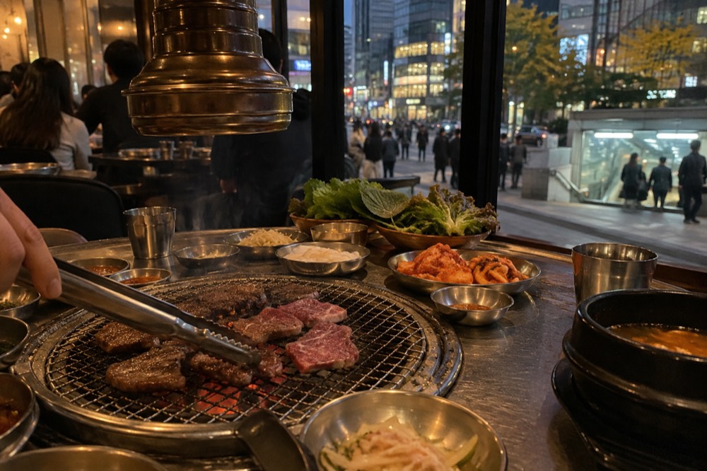 Korean barbecue grill with meat cooking over coals and side dishes on the table