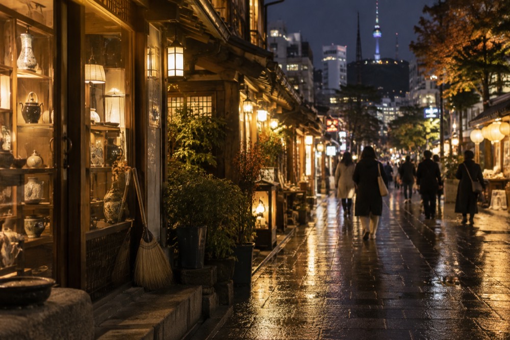 Shopping street at night with illuminated storefronts and crowds of shoppers