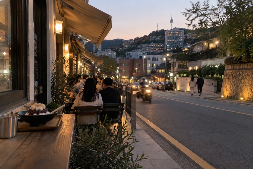 A broad dining street at evening with cafe awnings and apartment blocks on a hillside behind