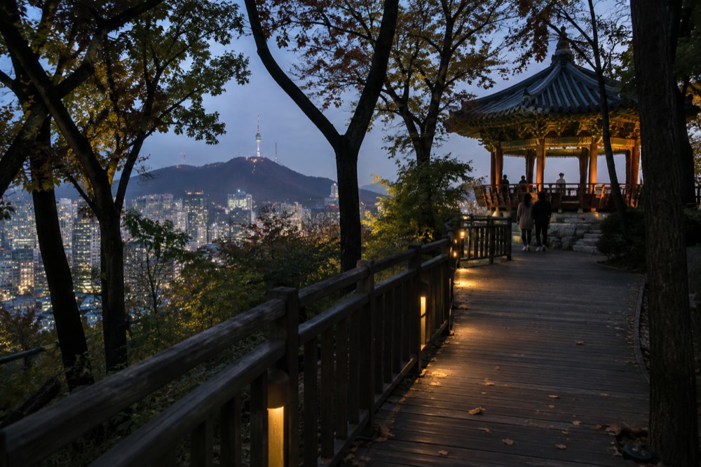 A timber deck trail curving through evening forest with city lights visible between the trees