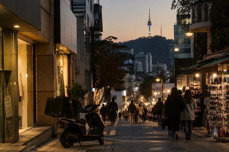 A city street at dusk with shops and signs, and a lit tower on the dark ridge above the rooftops.