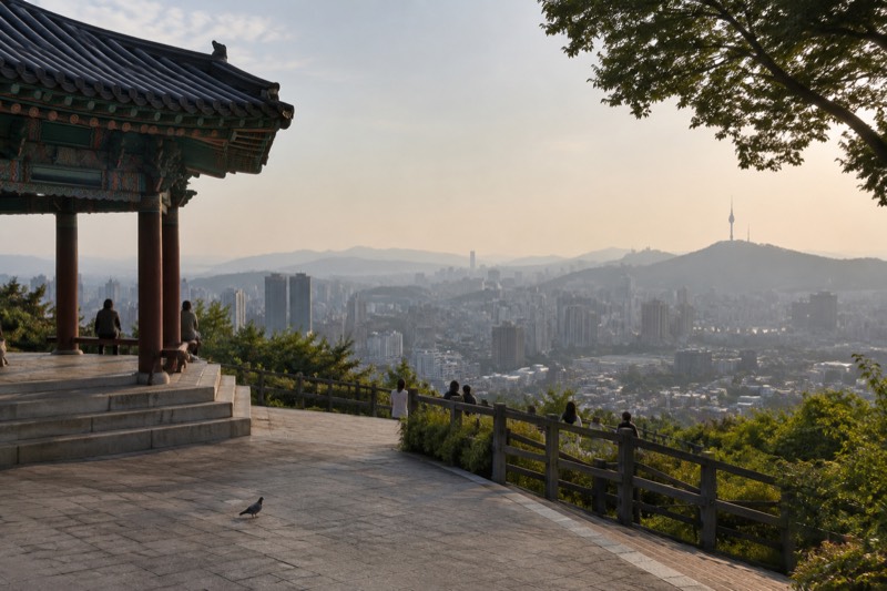 A wide view from a hilltop across a city of rooftops to hazy mountains on the horizon.